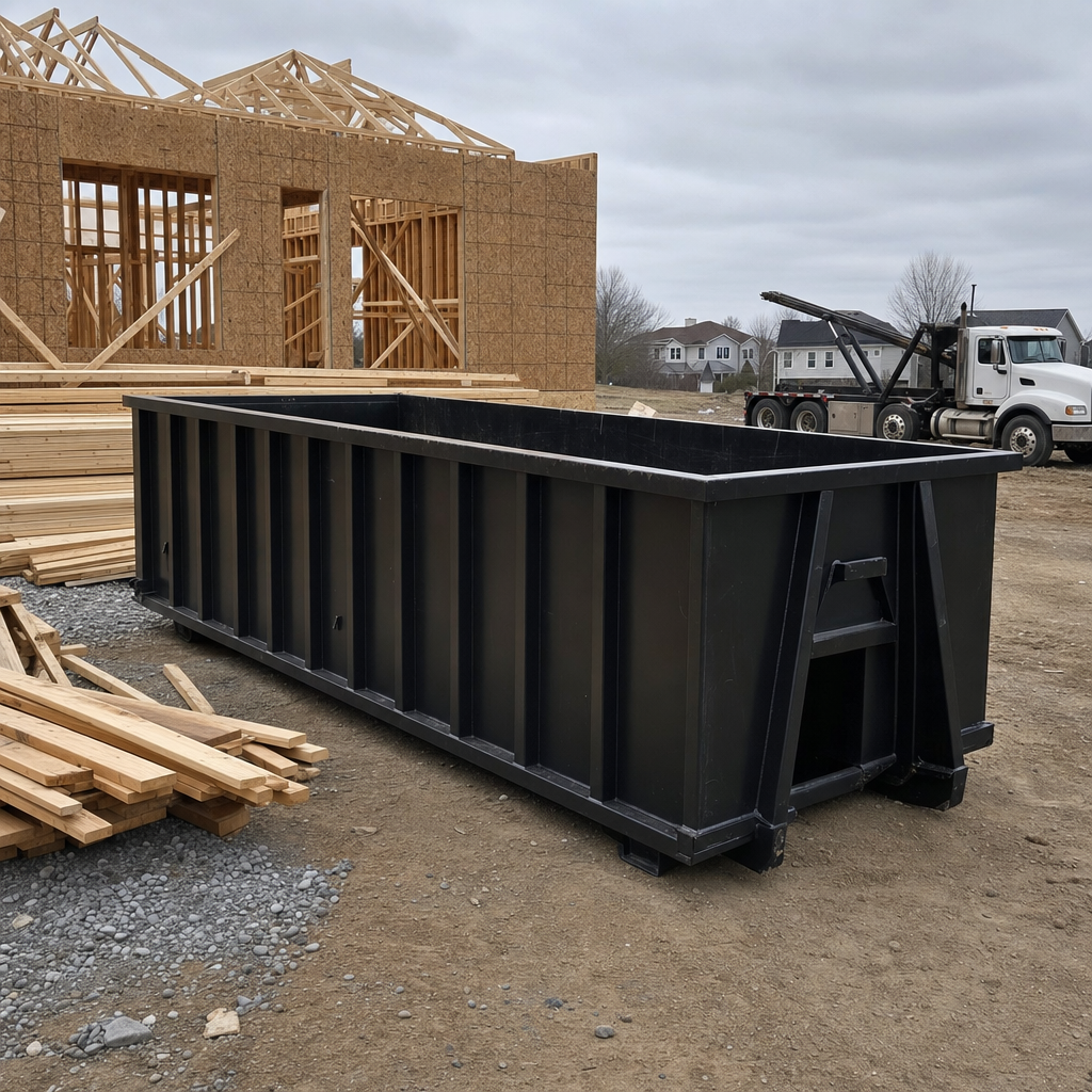 Matte-black 40-yard roll-off dumpster staged on a framed-out residential construction site in Bridgeport, framing lumber stacked nearby, hooklift delivery truck visible in the background under bright Colorado daylight