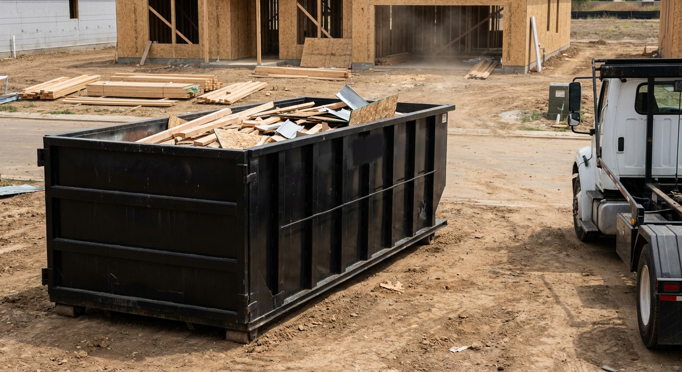 Matte-black 20-yard roll-off construction dumpster with heavy ribbed steel sidewalls and swing rear doors at a working jobsite in Bridgeport, sitting directly on compacted dirt with an unmarked white hauler partially visible at the far edge of the frame.