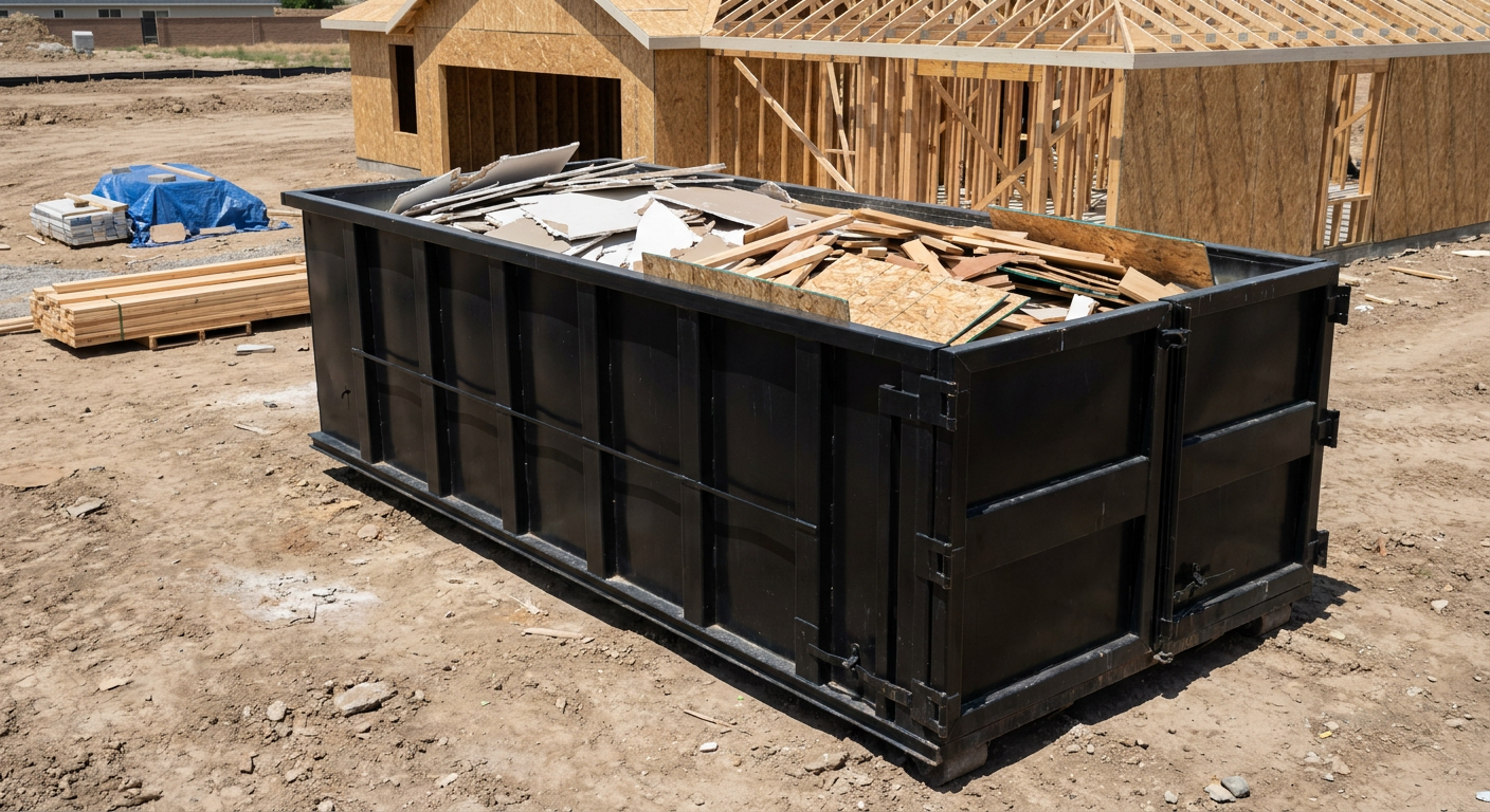 Matte-black 30-yard roll-off construction dumpster sitting directly on the compacted-dirt site of a framed single-family home build in Bridgeport, drywall and lumber scrap loaded inside.