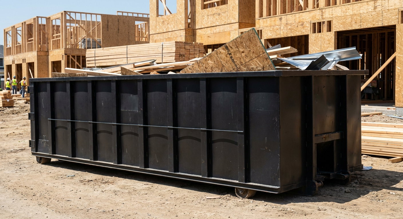 Matte-black 40-yard roll-off construction dumpster being lowered from a white-cab hooklift delivery truck onto the compacted-dirt jobsite at a commercial build site in Bridgeport