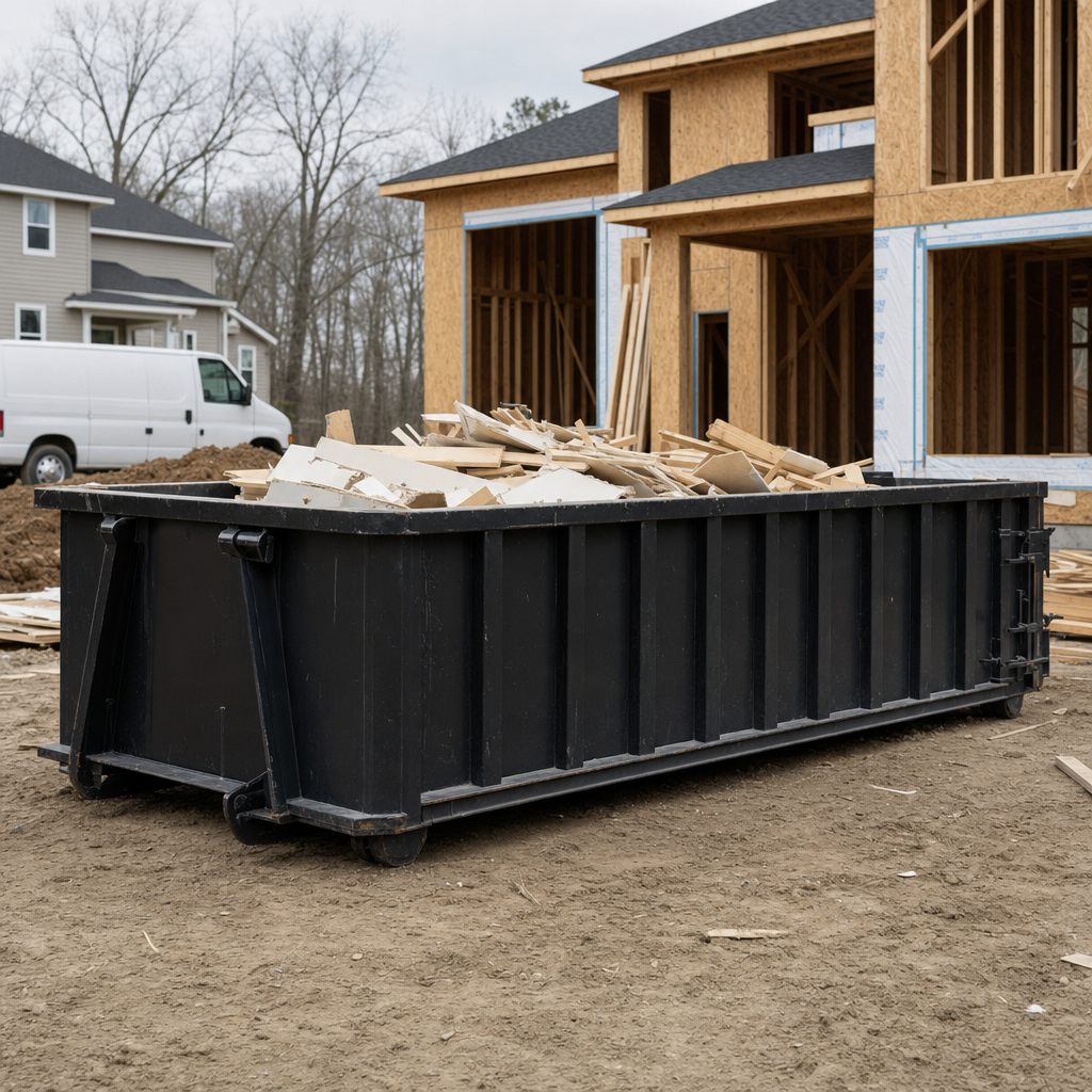 Worker in a yellow high-visibility vest tossing framing lumber and broken drywall into a matte-black 30-yard construction roll-off dumpster on an active build site in Bridgeport, bright daylight