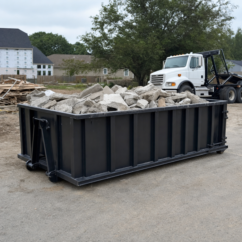 Low-profile matte-black lowboy roll-off dumpster loaded with broken concrete slab and rebar at a foundation tear-out in Bridgeport, skid steer parked beside it, sunny Colorado morning