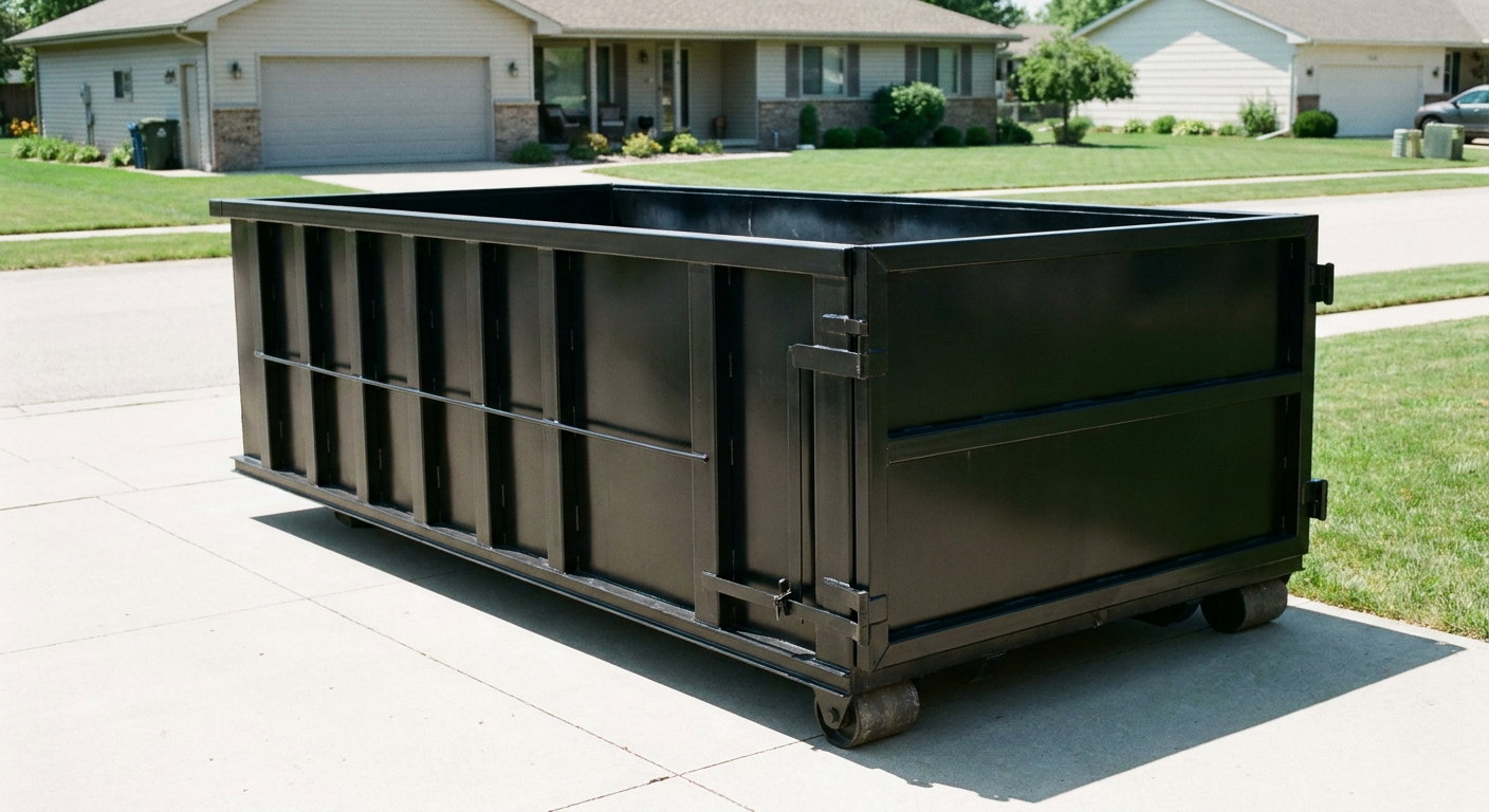 Matte-black 10-yard roll-off dumpster on a residential concrete driveway in Bridgeport, uniformly painted matte black across every panel and rail, ribbed steel sidewalls and rear swing door visible, mid-day daylight.
