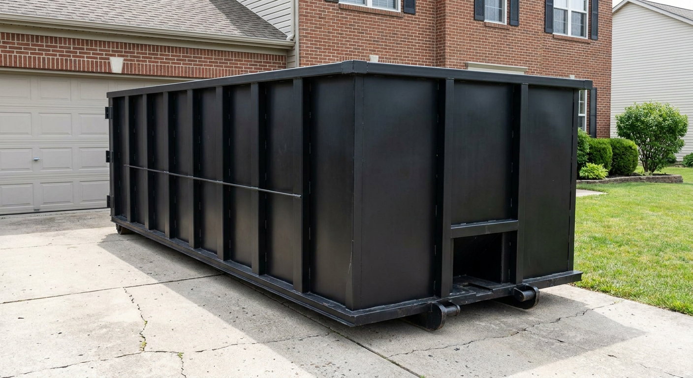 Matte-black 20-yard roll-off container on a Bridgeport residential concrete driveway with reinforced ribbed steel sidewalls and a hinged rear walk-in door, clean bright daylight.