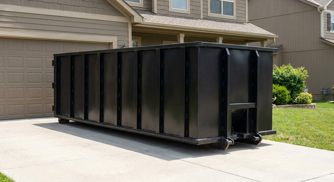Matte-black residential roll-off dumpster sitting directly on a suburban Bridgeport concrete driveway, garage door closed, single-family home in background, bright morning daylight.
