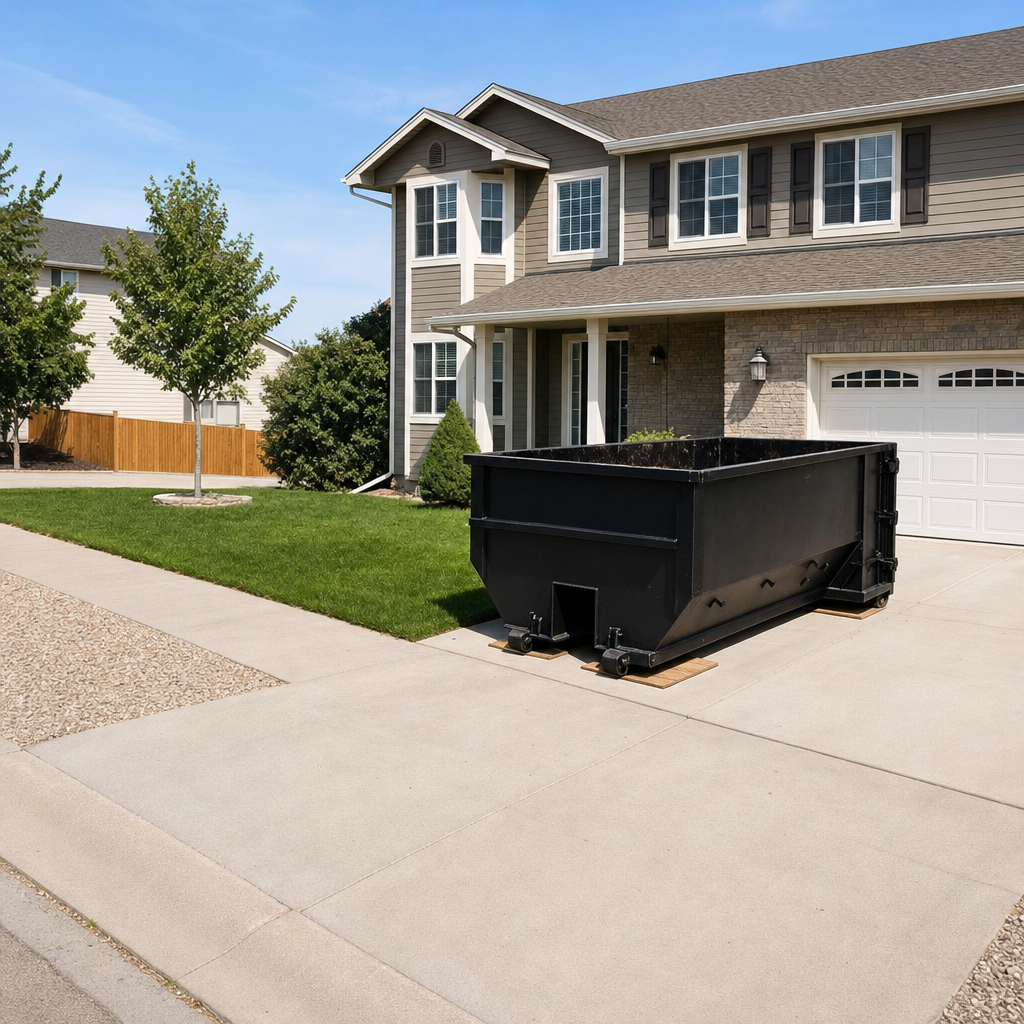 10-yard matte-black residential dumpster placed directly on a narrow Bridgeport concrete driveway, room remains for a parked sedan beside it, mid-morning natural light