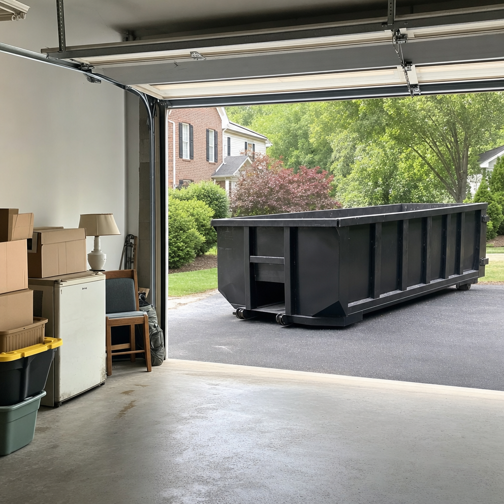 Open garage interior in a Bridgeport home mid-cleanout — boxed items, an old appliance, and stacked yard tools queued near the driveway for a matte-black roll-off dumpster, organized and calm