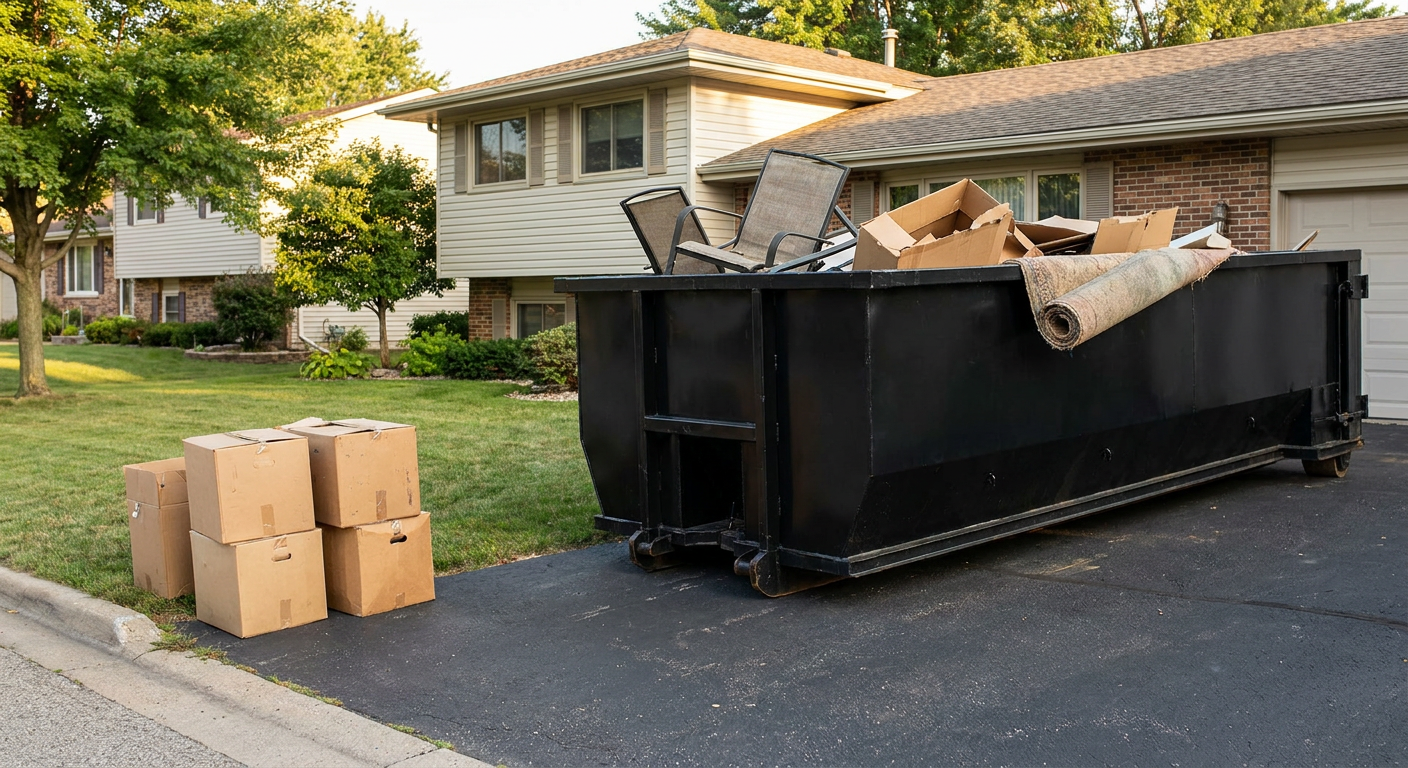 Front-yard view of a Bridgeport split-level home with a 20-yard matte-black roll-off dumpster sitting directly on the asphalt driveway, a few clearly labeled donation boxes staged at the curb, calm sunny afternoon.