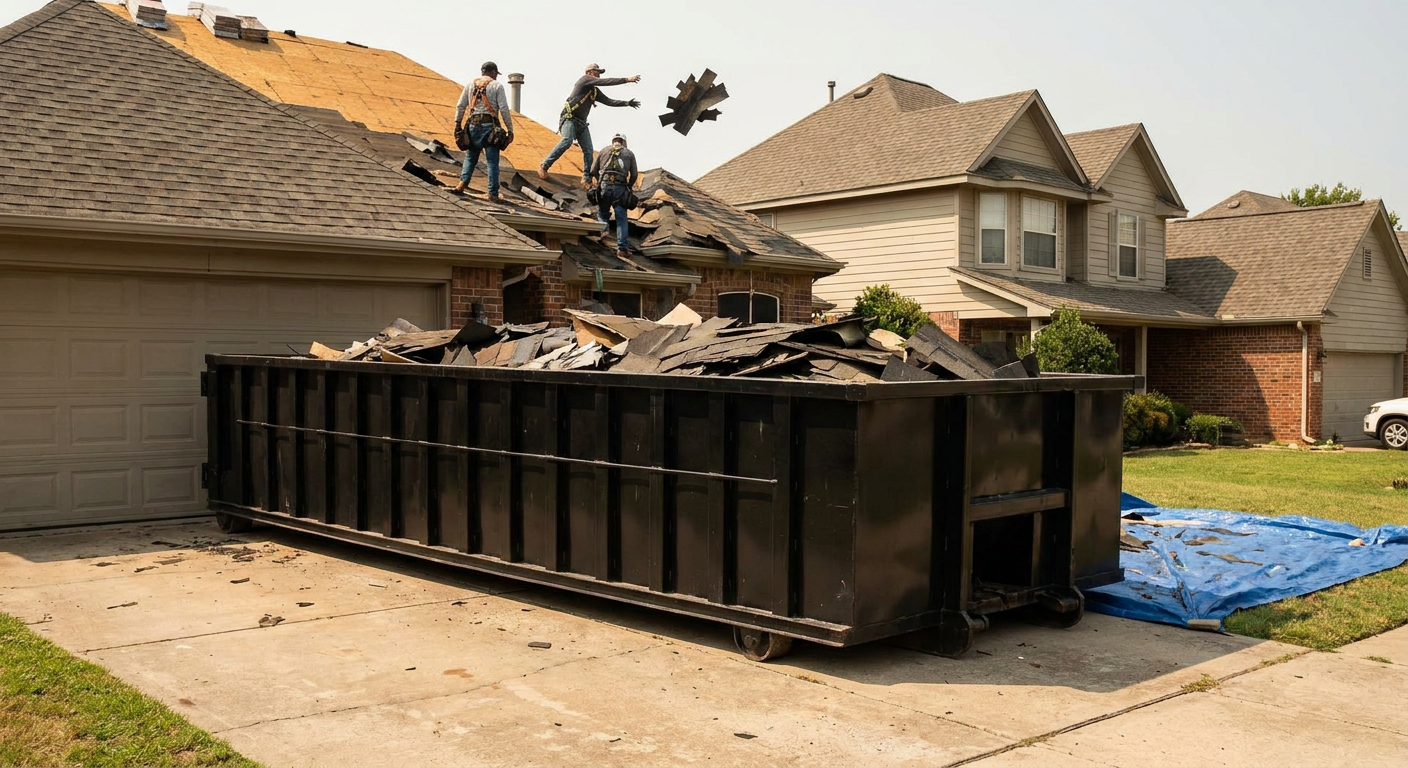 Matte-black roofing roll-off dumpster placed directly on a Bridgeport residential concrete driveway, a tear-off crew on a two-story asphalt-shingle roof tossing shingle bundles into the low-walled container, bright daylight, documentary 35mm perspective.