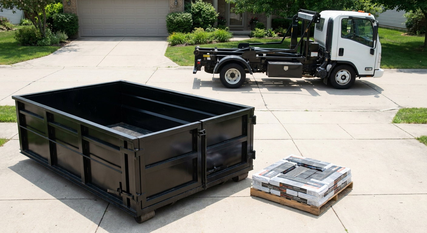 Matte-black 15-yard roofing roll-off dumpster with reinforced low side walls sitting directly on a Bridgeport residential concrete driveway, three-tab asphalt shingle bundles stacked nearby, an unmarked white hauler truck partially visible at the edge of the frame.