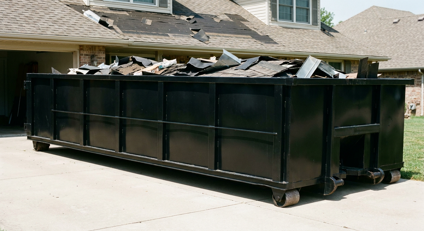 Matte-black 20-yard roofing roll-off dumpster with steel ribbed sides and swinging rear door, sitting directly on the concrete driveway of a two-story Bridgeport home, asphalt shingle debris being loaded over the low wall, clean documentary lighting.