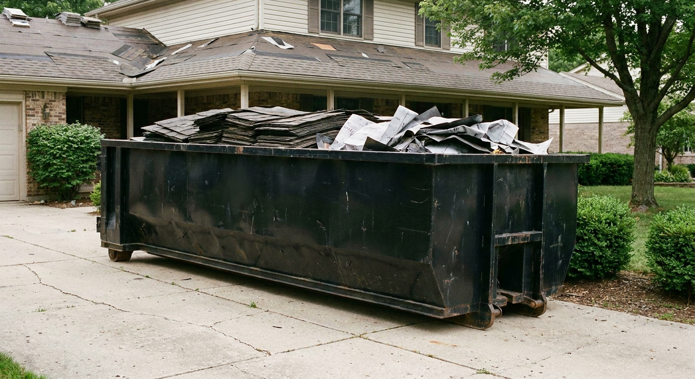 Matte-black 30-yard roofing roll-off dumpster sitting directly on a Bridgeport concrete driveway, taller ribbed steel side panels, mixed tear-off debris of asphalt shingles and underlayment inside, professional documentary daylight.