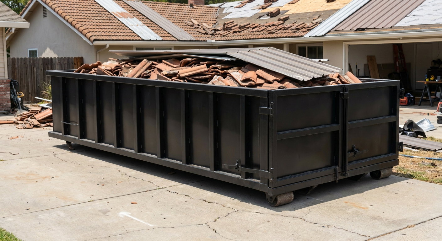 Matte-black low-wall heavy-debris roofing roll-off dumpster sitting directly on a Bridgeport concrete driveway, broken concrete clay roof tiles and metal panel sections loaded inside, reinforced ribbed steel side walls visible, bright outdoor daylight.