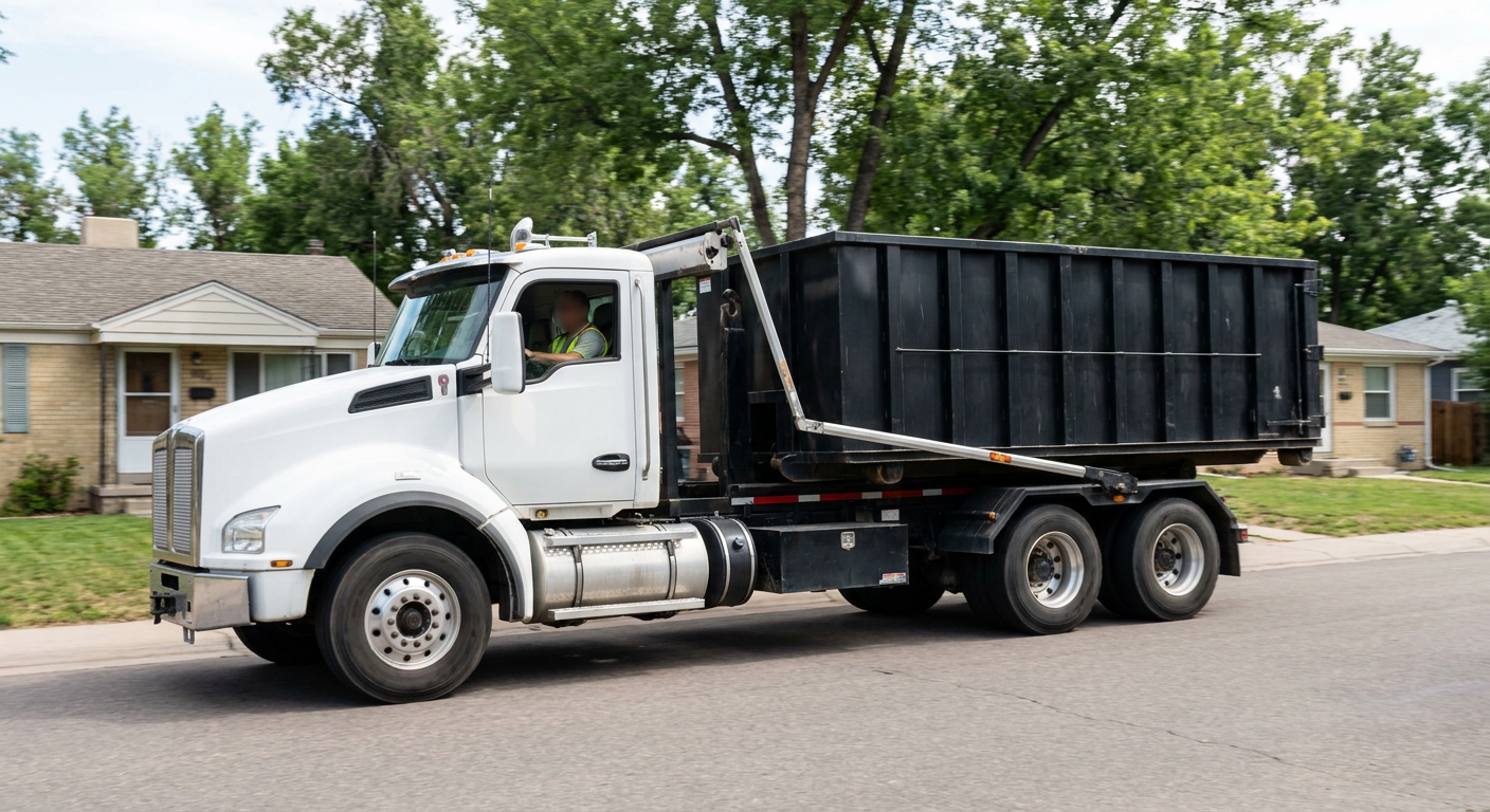 A wide documentary shot of a matte-black roll-off delivery truck pulling onto a quiet Bridgeport residential street at mid-morning, with neighborhood rooftops and tree-lined blocks visible behind, showing the metro coverage footprint.
