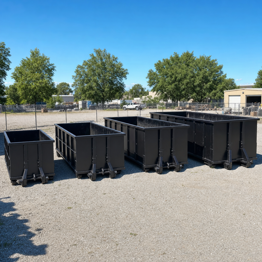 A clean lineup of matte-black roll-off dumpsters in 10, 20, 30, and 40-yard sizes staged on a sunlit gravel yard in Bridgeport, showing the size progression from compact to commercial-scale containers.