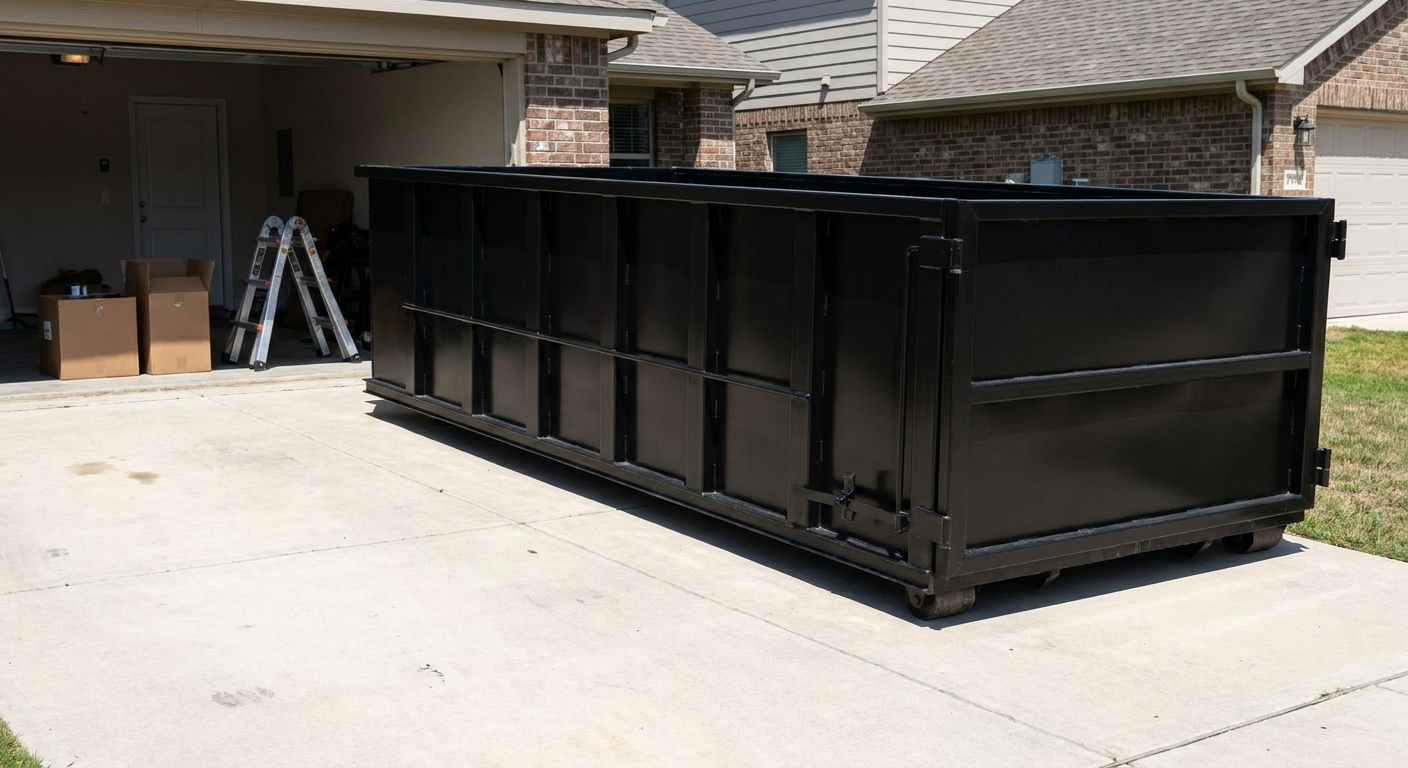 A matte-black 10-yard roll-off dumpster sitting directly on a residential Bridgeport concrete driveway, mid-day sunlight, clean and ready for a garage cleanout.