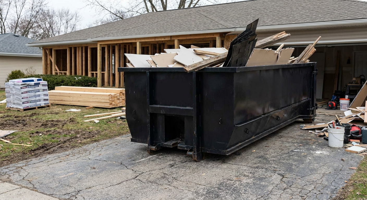 A matte-black 20-yard roll-off dumpster placed alongside a mid-renovation Bridgeport home directly on the asphalt driveway, with framing materials and torn-off shingles staged neatly nearby.