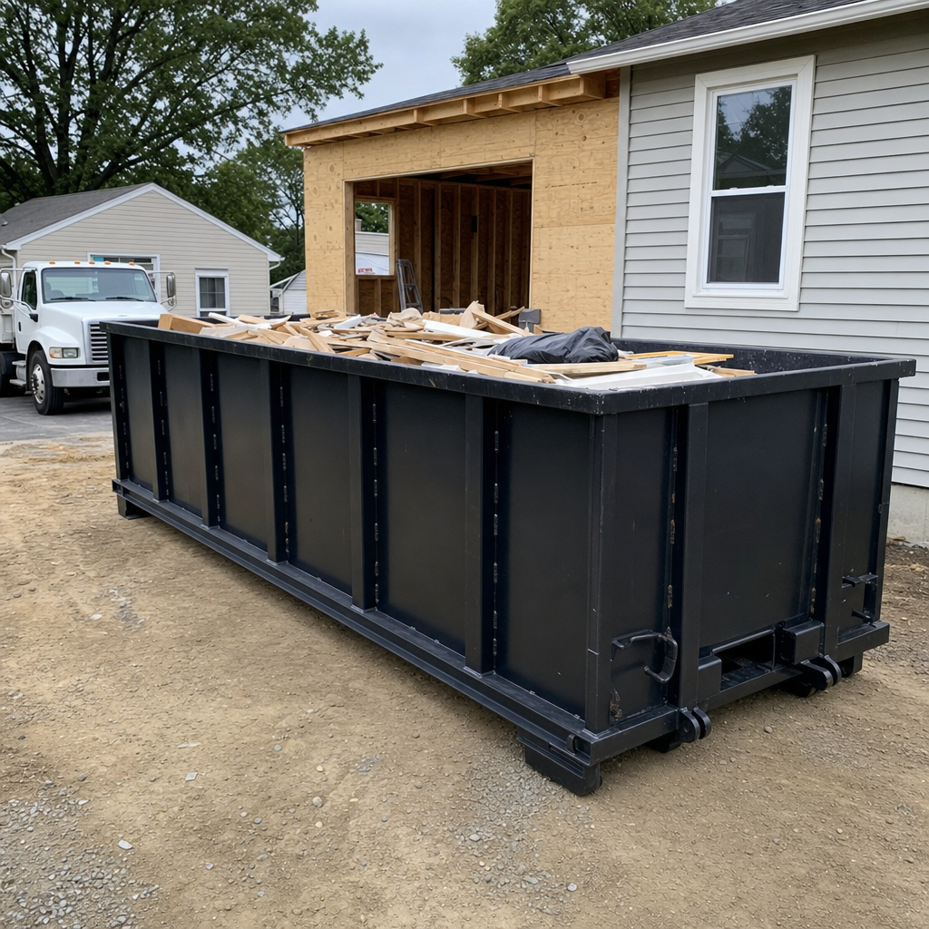 A matte-black 30-yard roll-off dumpster positioned at a Bridgeport residential addition jobsite, with framing lumber and drywall scraps loaded through the open swinging rear doors.
