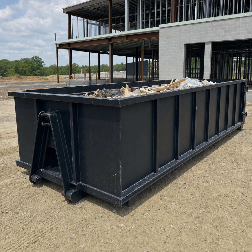 A matte-black 40-yard roll-off dumpster staged on a large Bridgeport commercial construction lot, with a hooklift delivery truck parked alongside under bright midday sky.