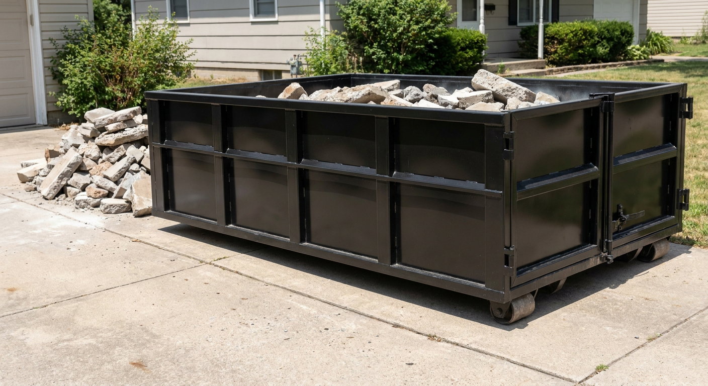 A matte-black low-side heavy-debris roll-off dumpster placed directly on a Bridgeport concrete driveway, with broken concrete chunks neatly stacked beside it under clean daylight.